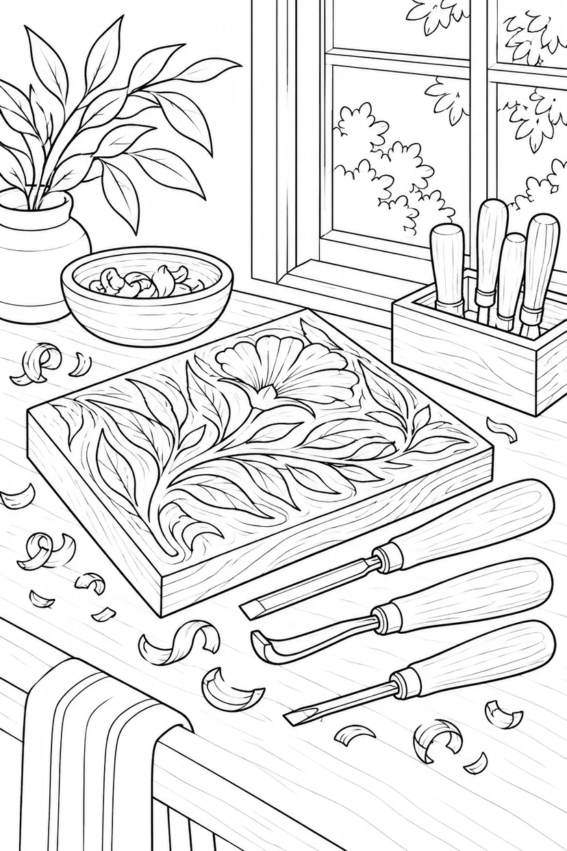 木版と彫刻刀の作業机の塗り絵