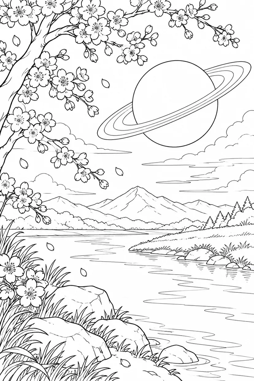 桜の枝と川辺と環のある惑星の塗り絵