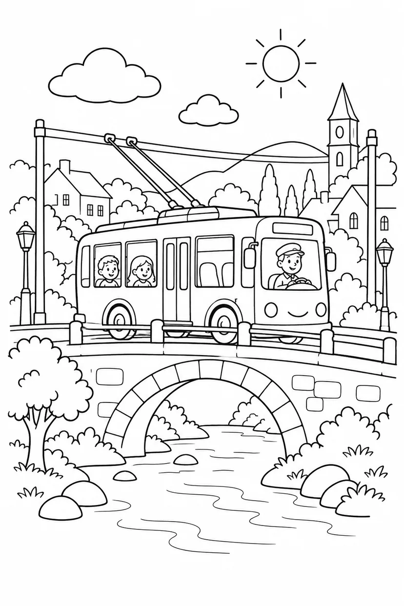 トロリーバスと町の橋の塗り絵
