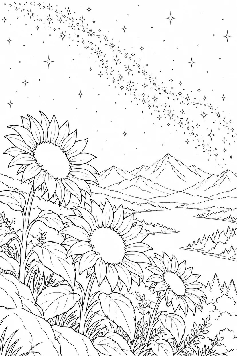 ヒマワリと遠い山並みと天の川の塗り絵