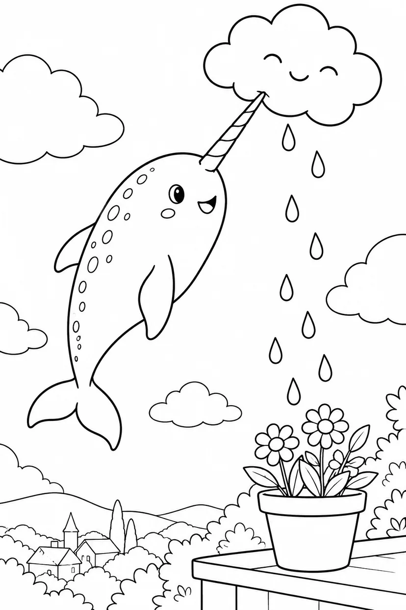 雨雲をはこぶイッカクの塗り絵