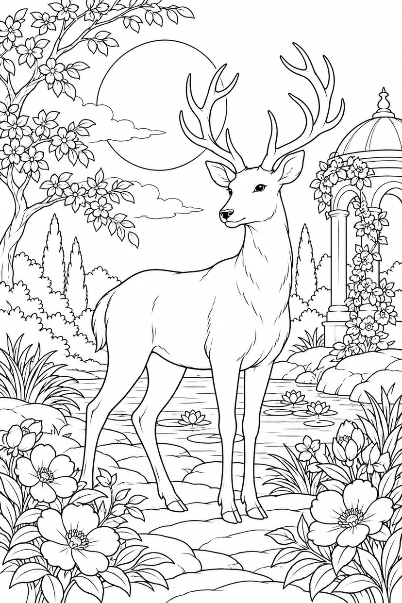 月の庭を歩く角のある白鹿の塗り絵