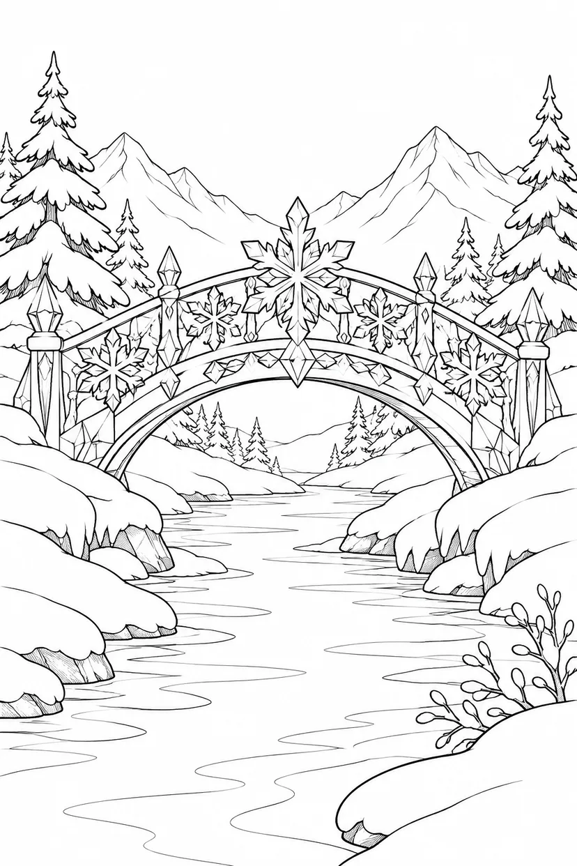 雪の結晶でできた橋の塗り絵