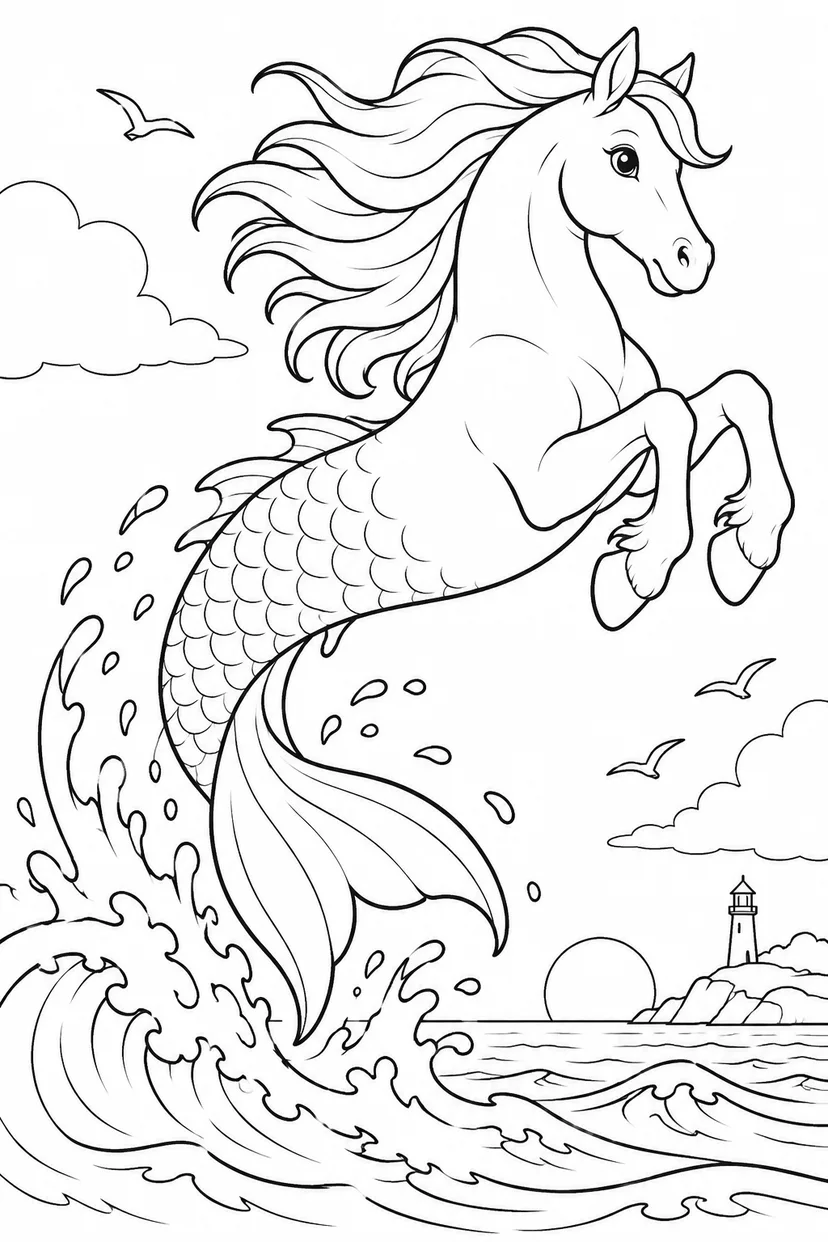 海の馬の大ジャンプの塗り絵