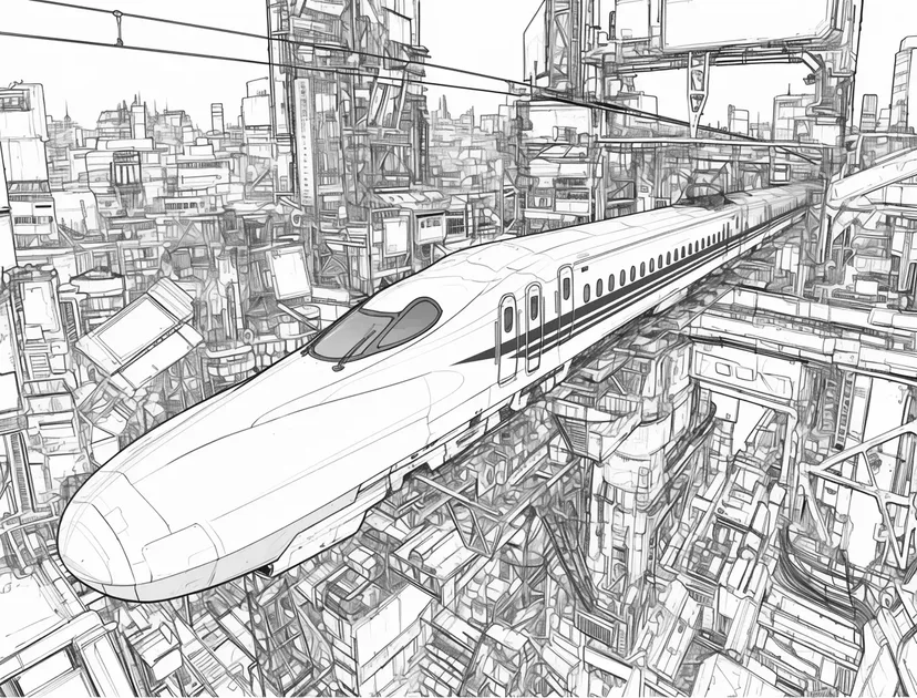 未来都市を駆け抜ける新幹線の塗り絵