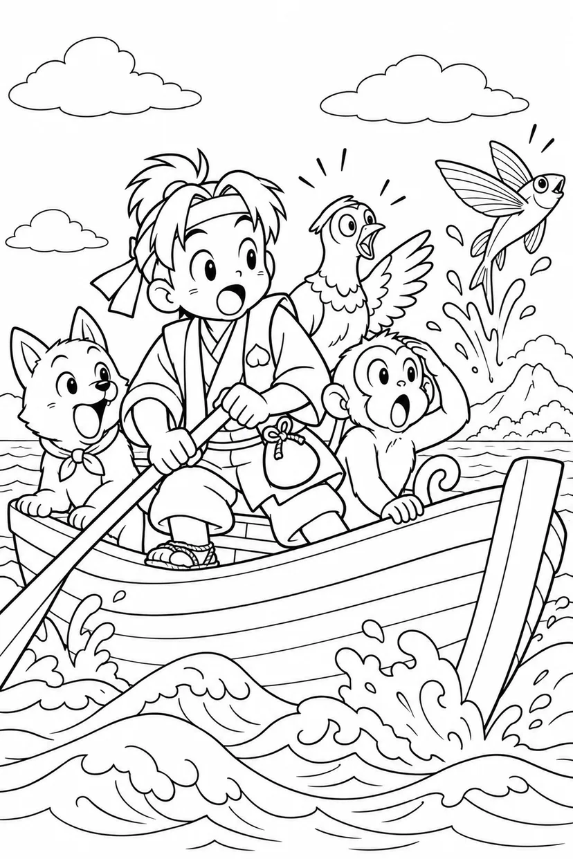 ギャグ桃太郎：桃太郎一行と波を越える舟の塗り絵