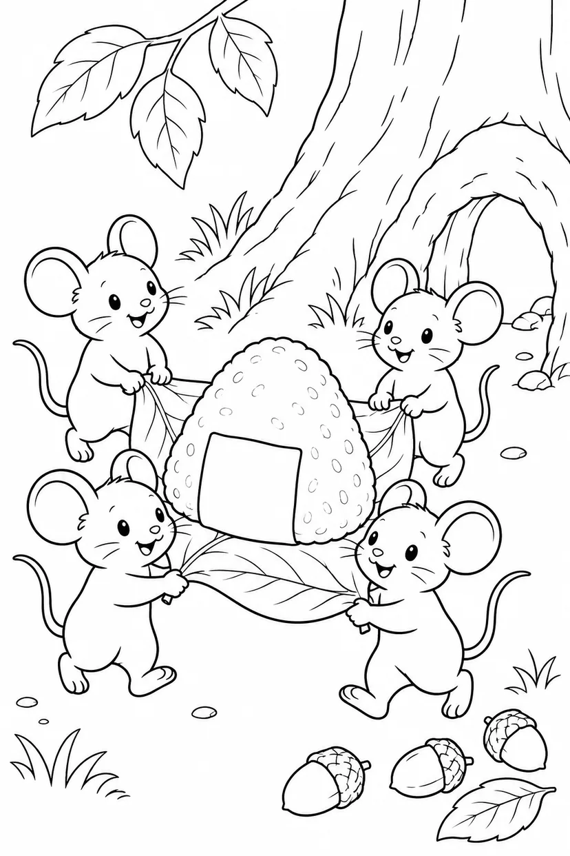 おむすびころりん・ほっこり：おむすびを運ぶねずみたちの塗り絵