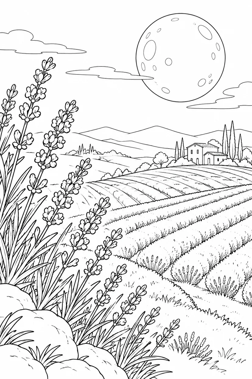 ラベンダーの丘と満月の塗り絵
