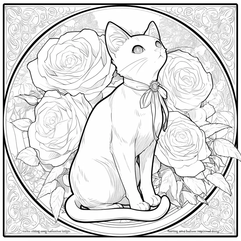 Dibujo de Gato Rodeado de Rosas para colorear