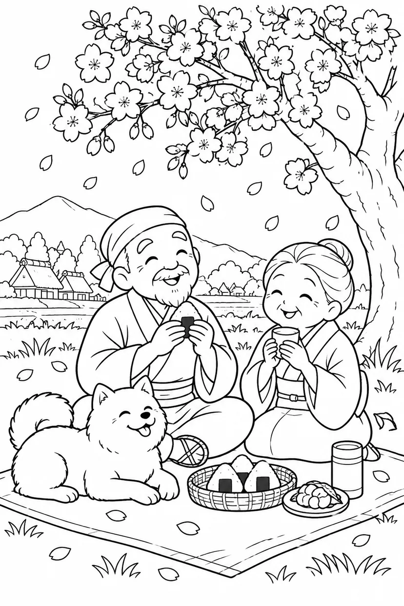 はなさかおじさん：おばあさんと桜のお茶時間（ほっこり）の塗り絵