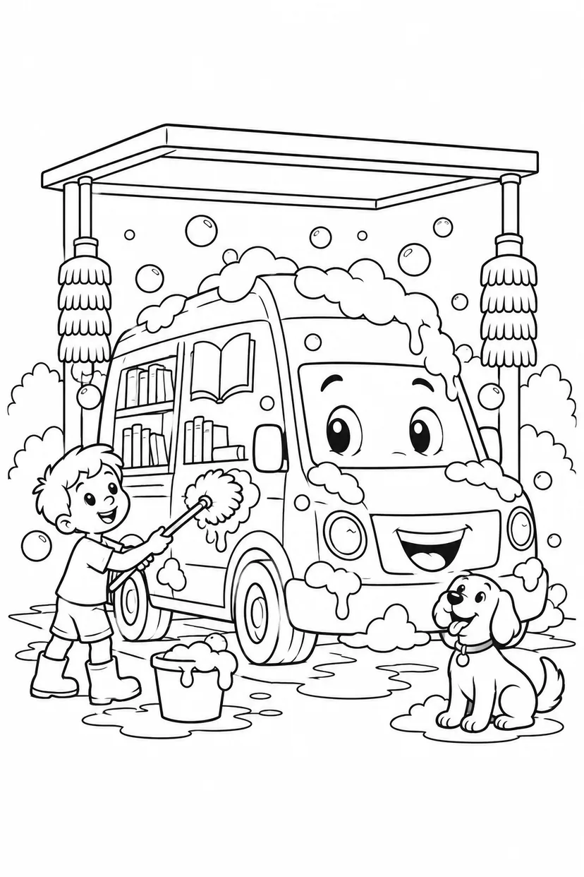 移動図書館と洗車場の塗り絵