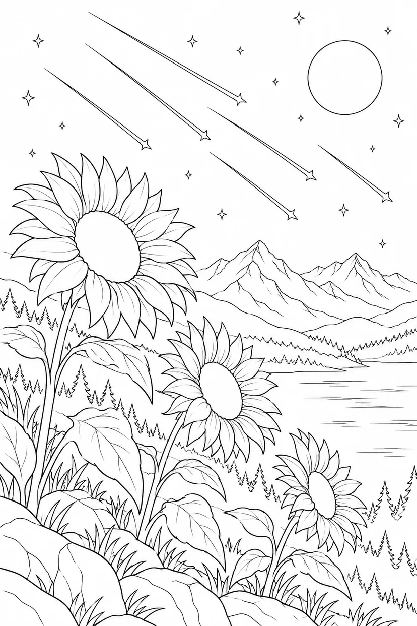 ヒマワリと遠い山並みと流星群の塗り絵
