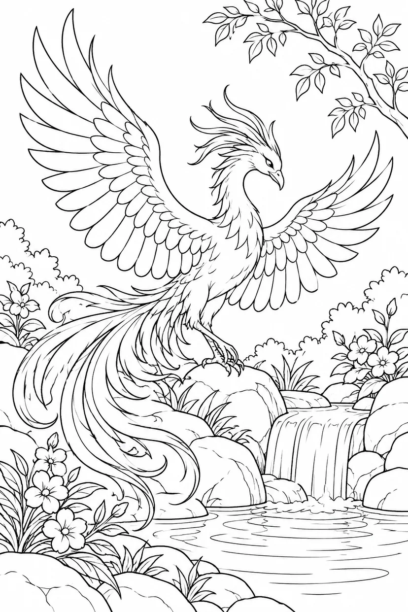 静かな泉に降り立つ不死鳥の塗り絵