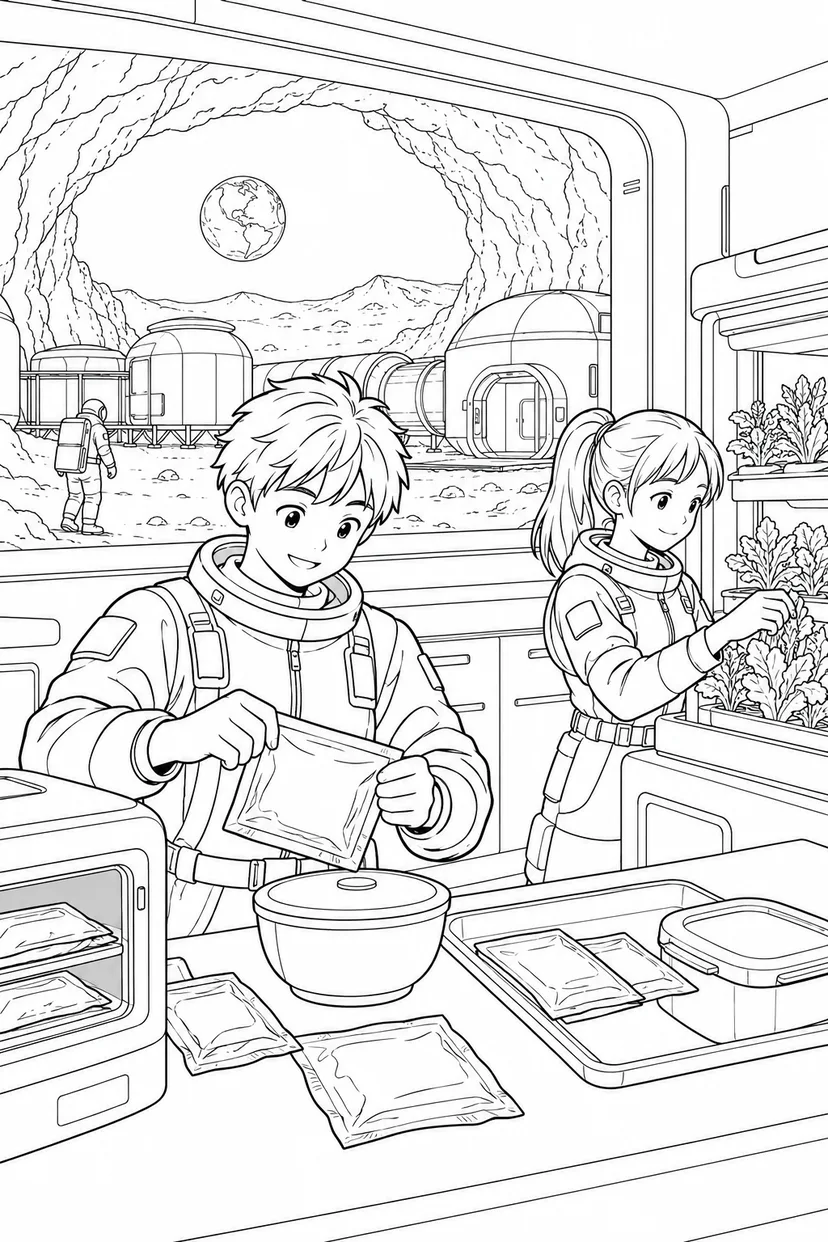月の溶岩洞基地：宇宙食を作るキッチンの塗り絵