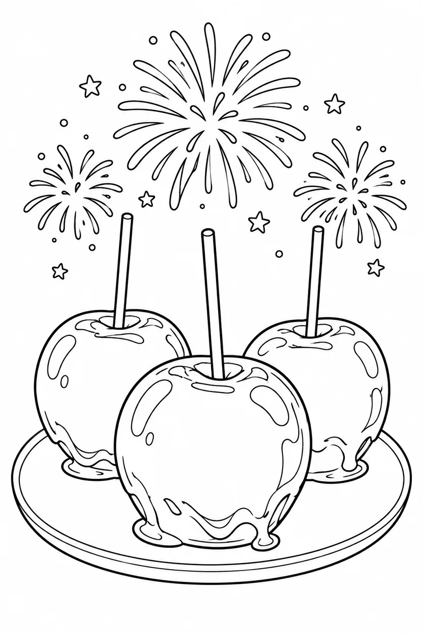 Desenho de Maçãs do amor numa noite de fogos de artifício para colorir