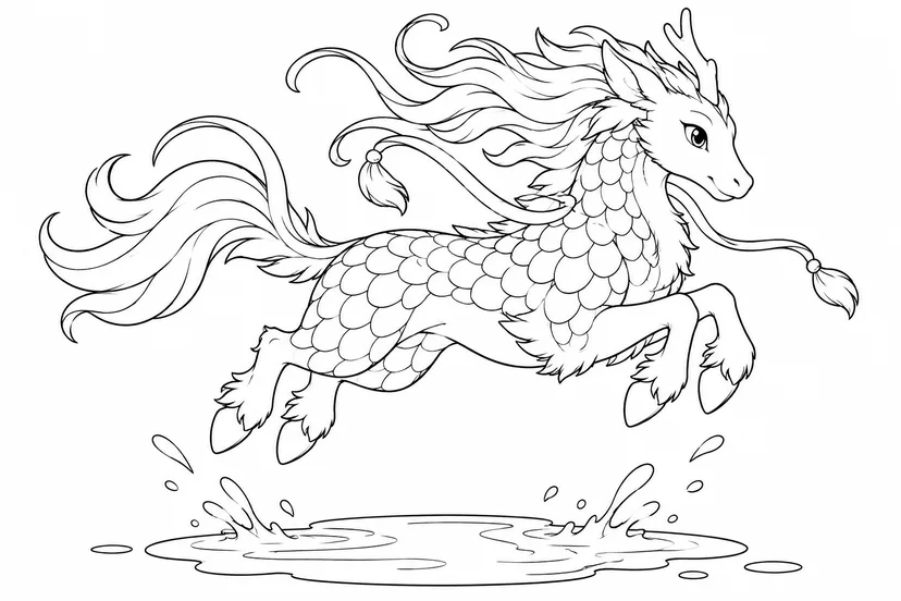 水たまりを飛び越す麒麟の塗り絵