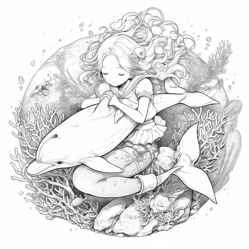 Dream Adventure with Mermaid and Dolphin coloring page