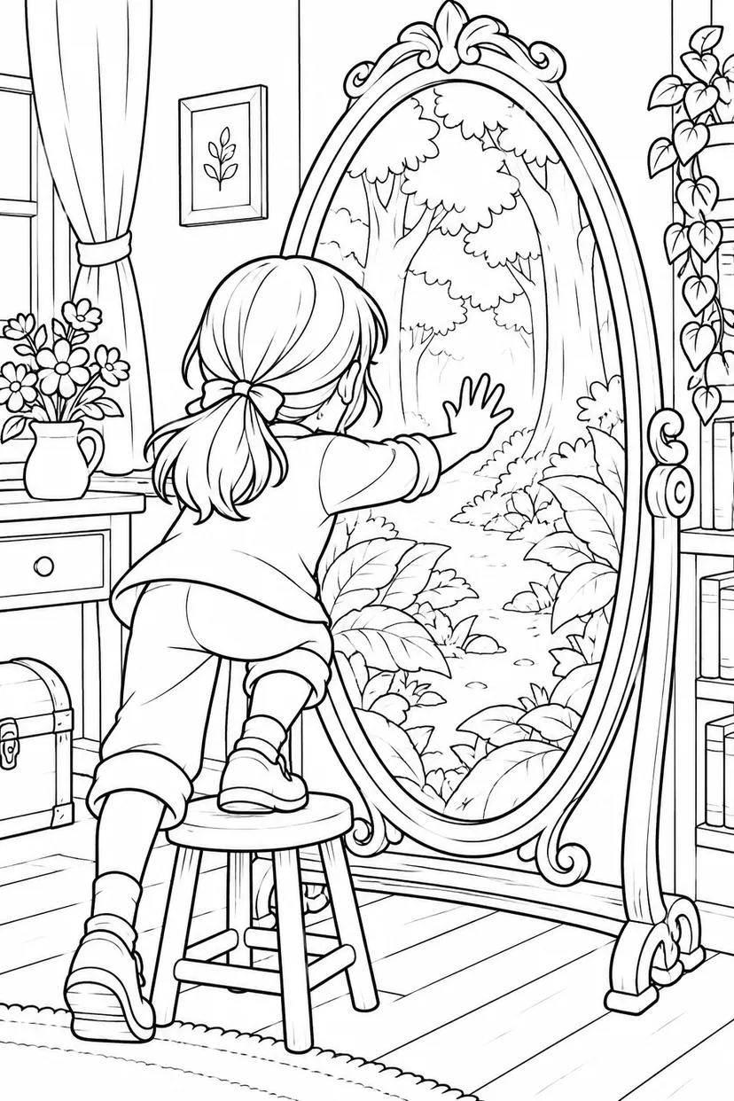 鏡の向こうの森の塗り絵