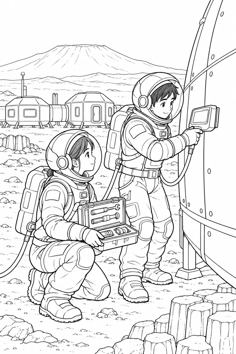 火星の火山平原基地：外壁を調べる探査隊の塗り絵