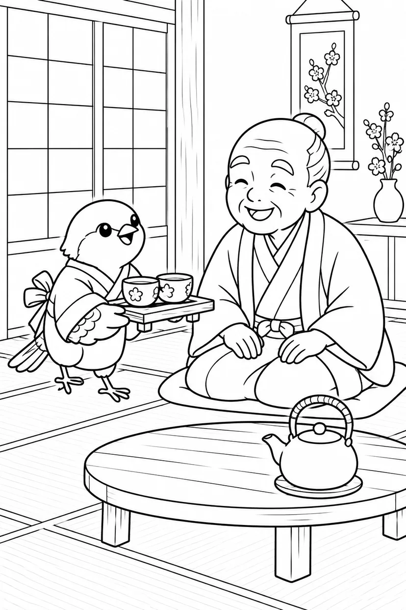 したきりすずめ：すずめのお茶のおもてなしの塗り絵