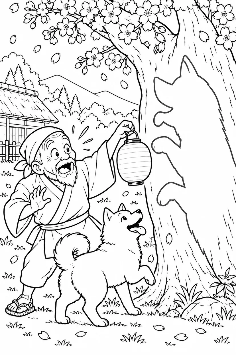 はなさかおじさん：提灯で白い犬の影が巨大に（ギャグ）の塗り絵