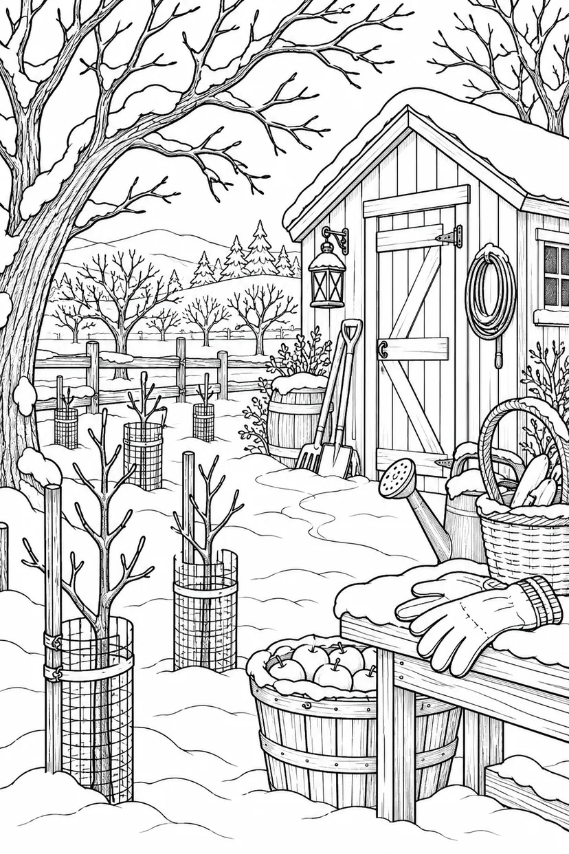 冬の果樹園の作業小屋の塗り絵