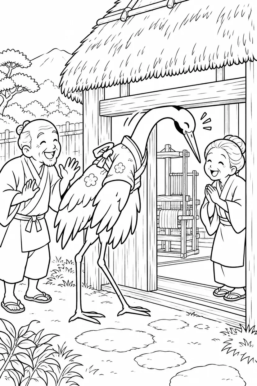 つるの恩返し：低い戸口と長いつるの塗り絵