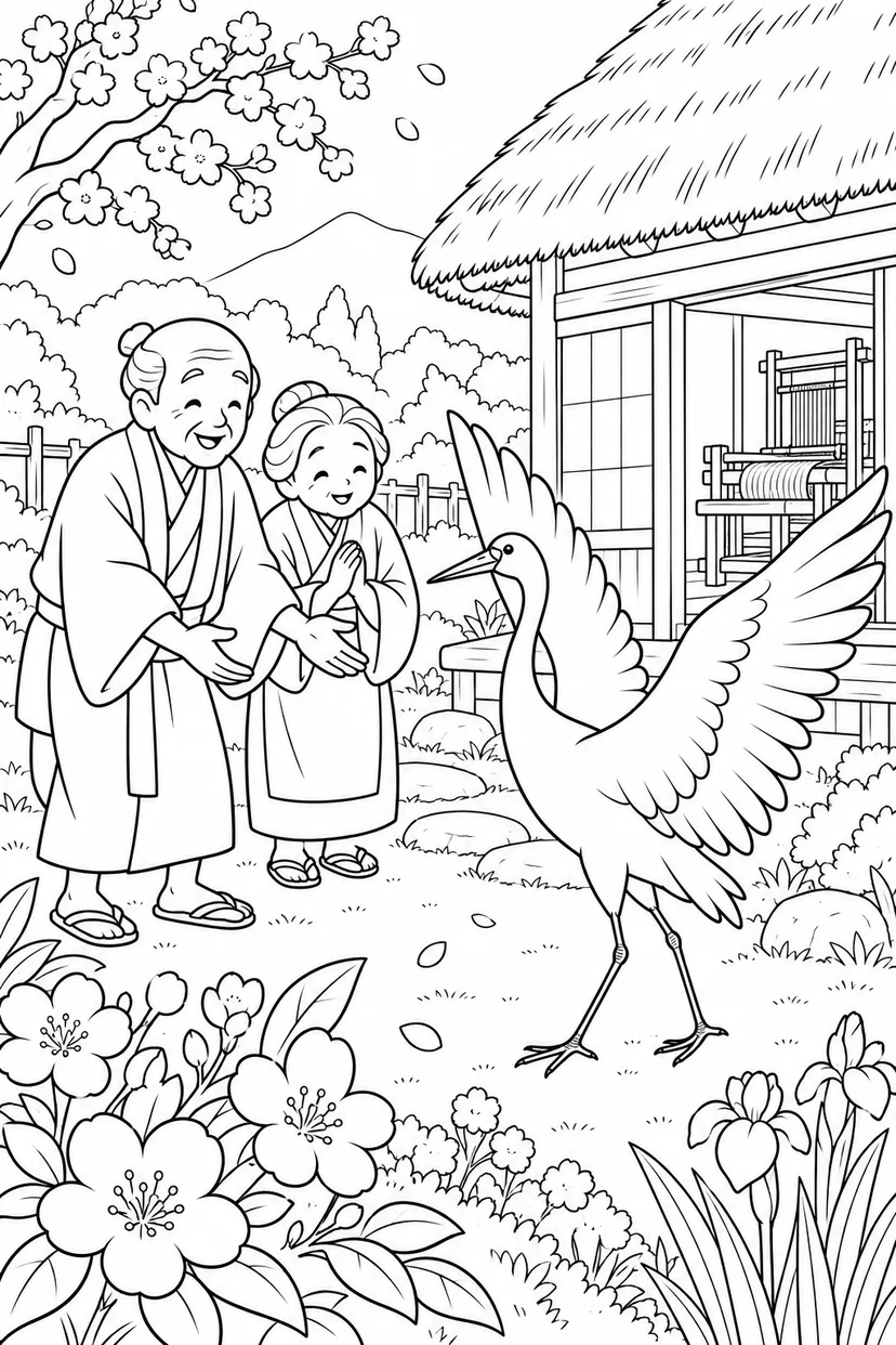 つるの恩返し：春の庭につるの訪問の塗り絵
