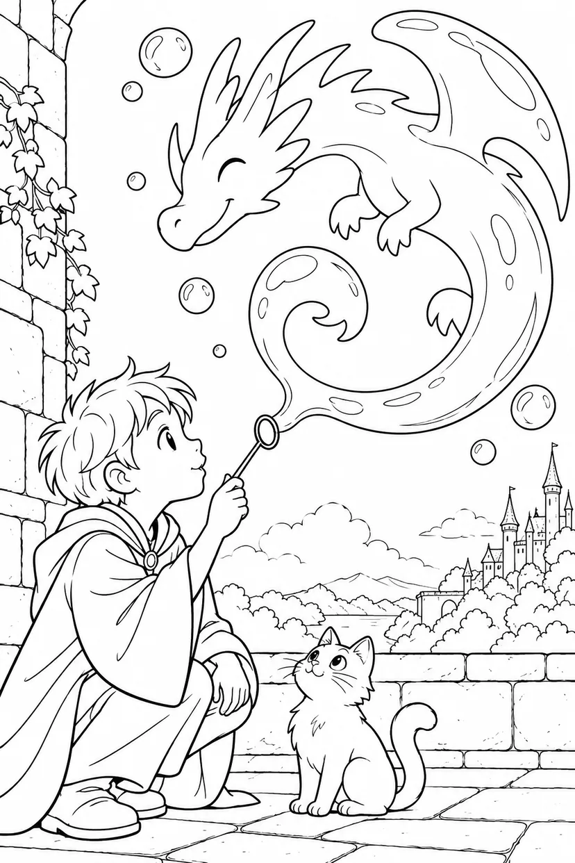 しゃぼんのドラゴンを作る魔法使いの塗り絵