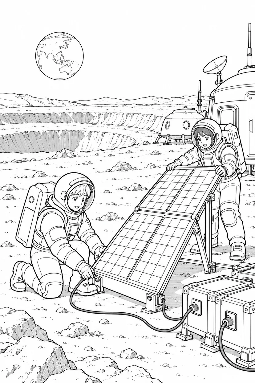 月のクレーター基地：太陽光パネルの設置の塗り絵