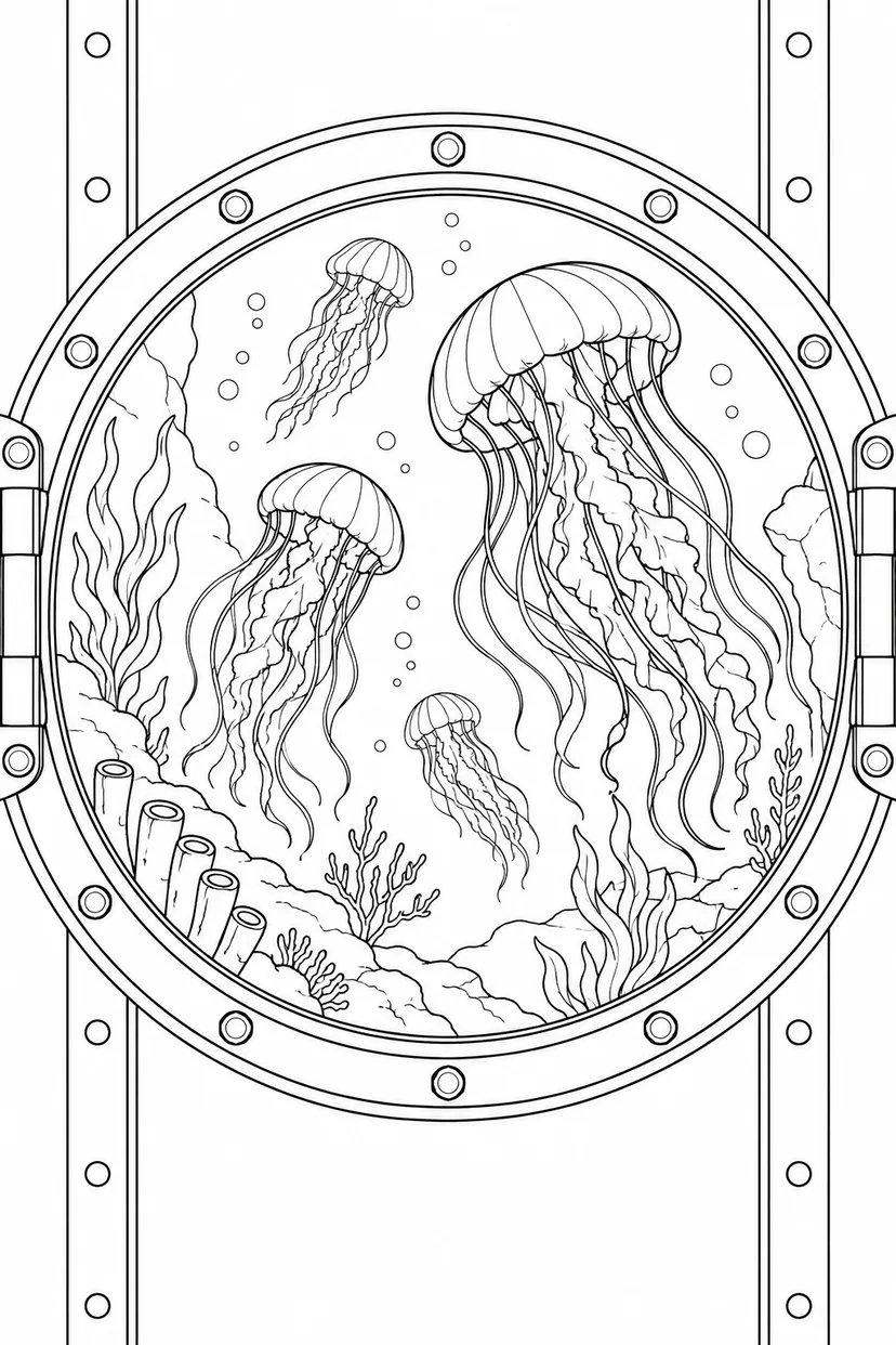 深海の窓と漂うクラゲの塗り絵