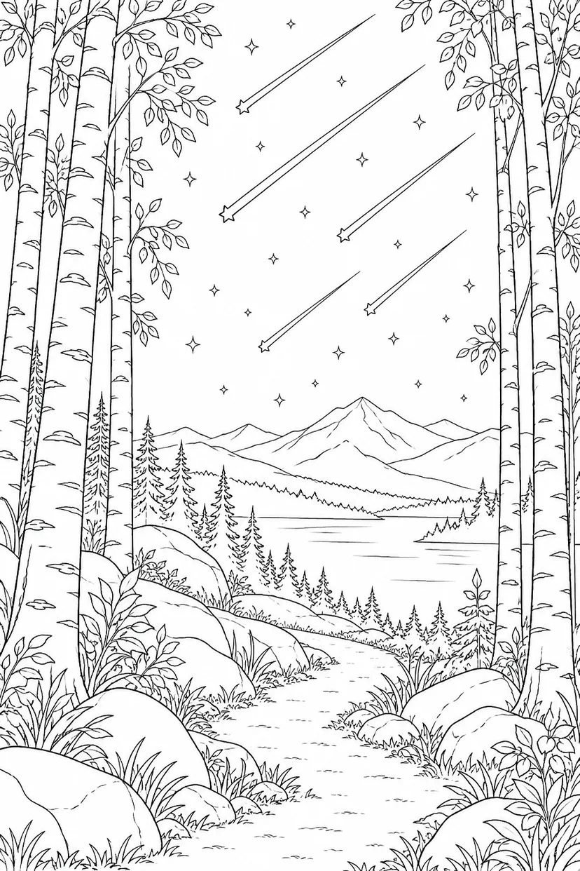 白樺林の小道と流星群の塗り絵