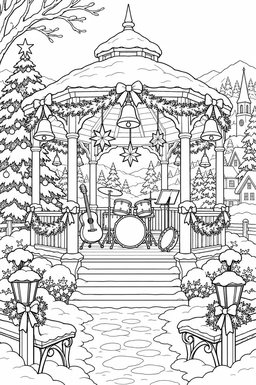 冬の野外音楽会のステージの塗り絵