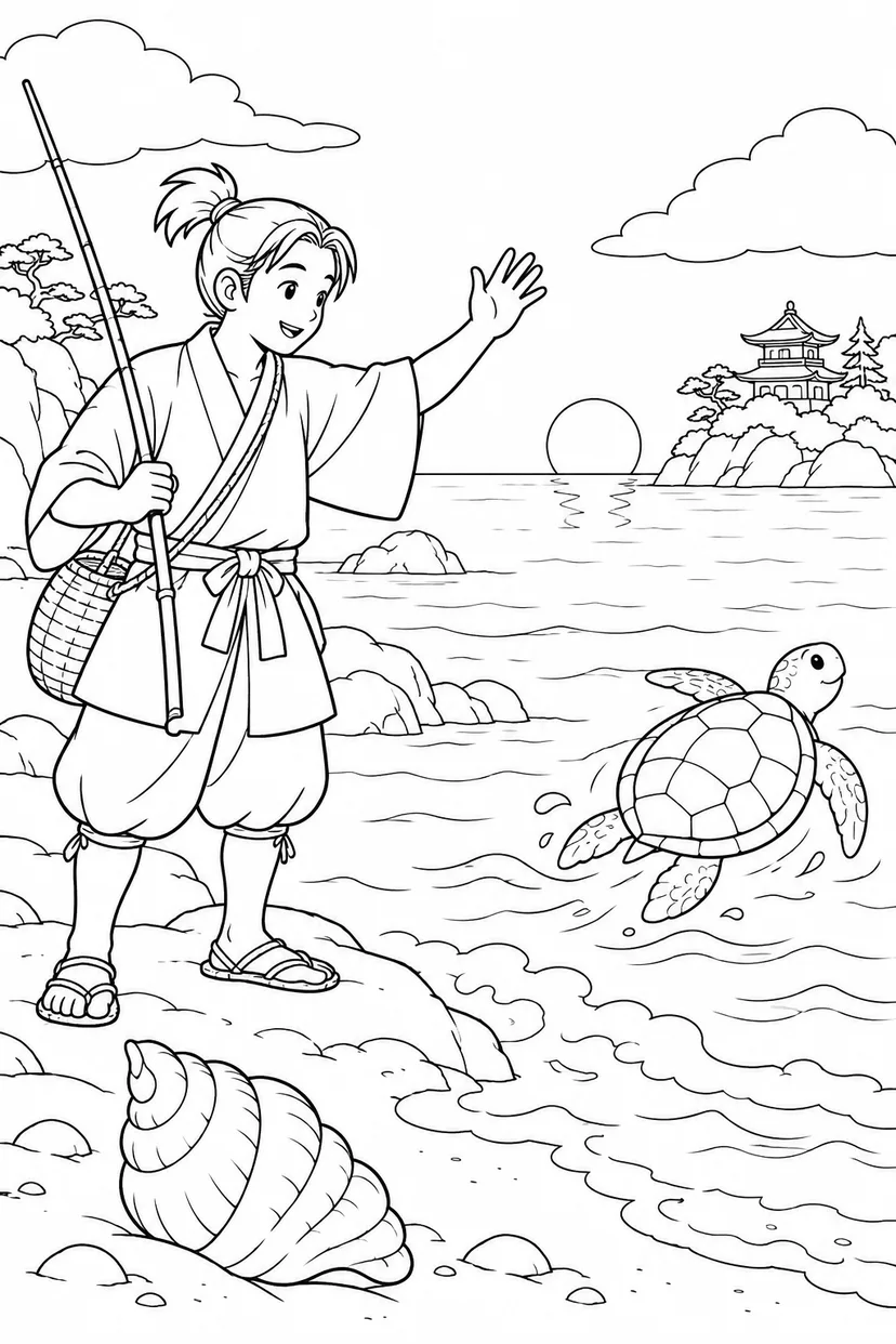 浦島太郎：海へ帰る亀に手をふる（ほっこり）の塗り絵