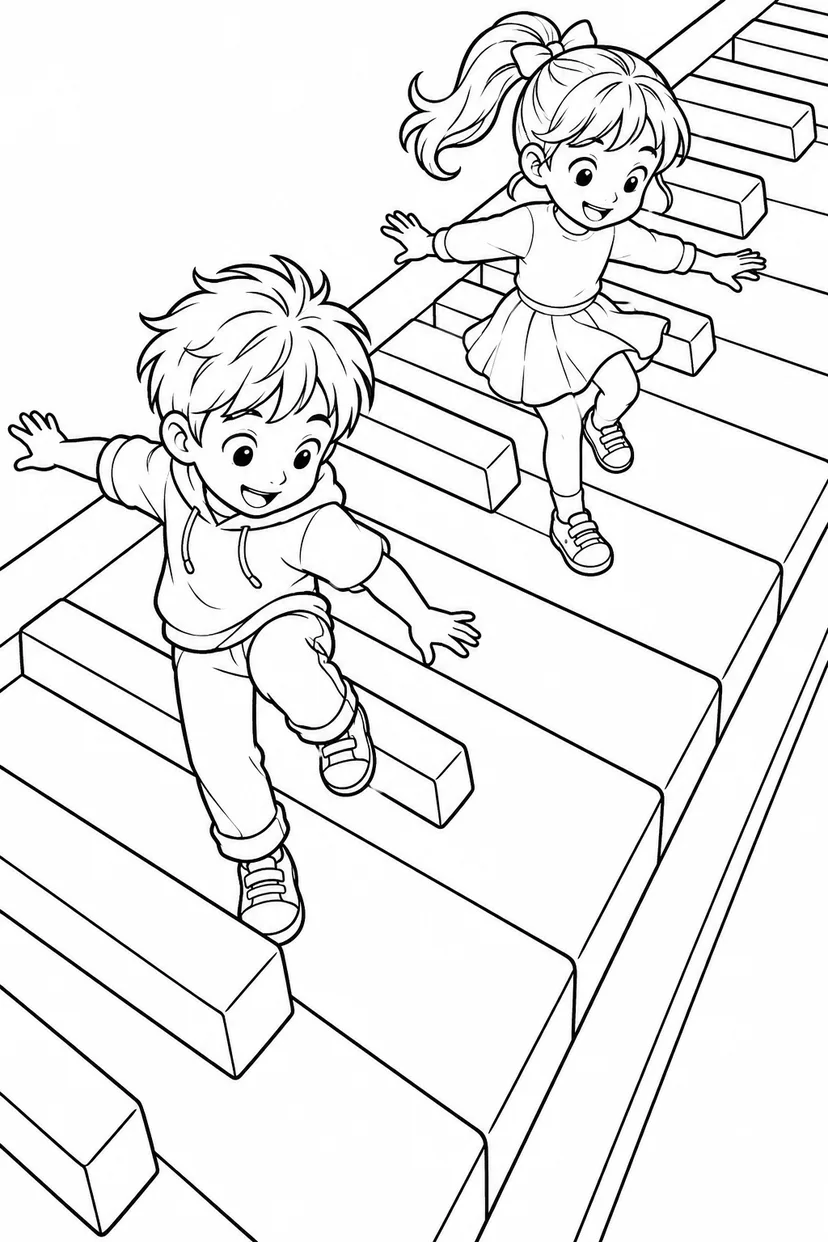 大きなピアノ鍵盤でジャンプの塗り絵