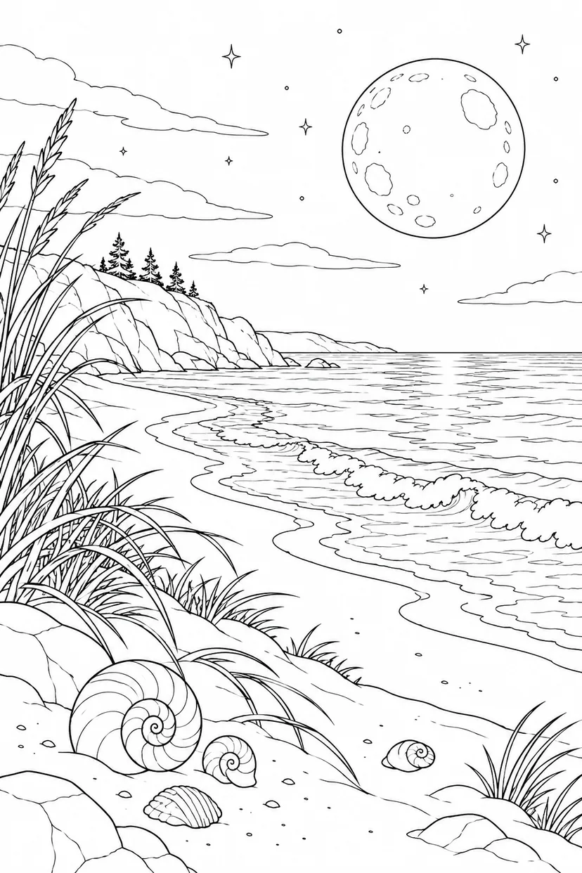 貝殻のある砂浜と満月の塗り絵