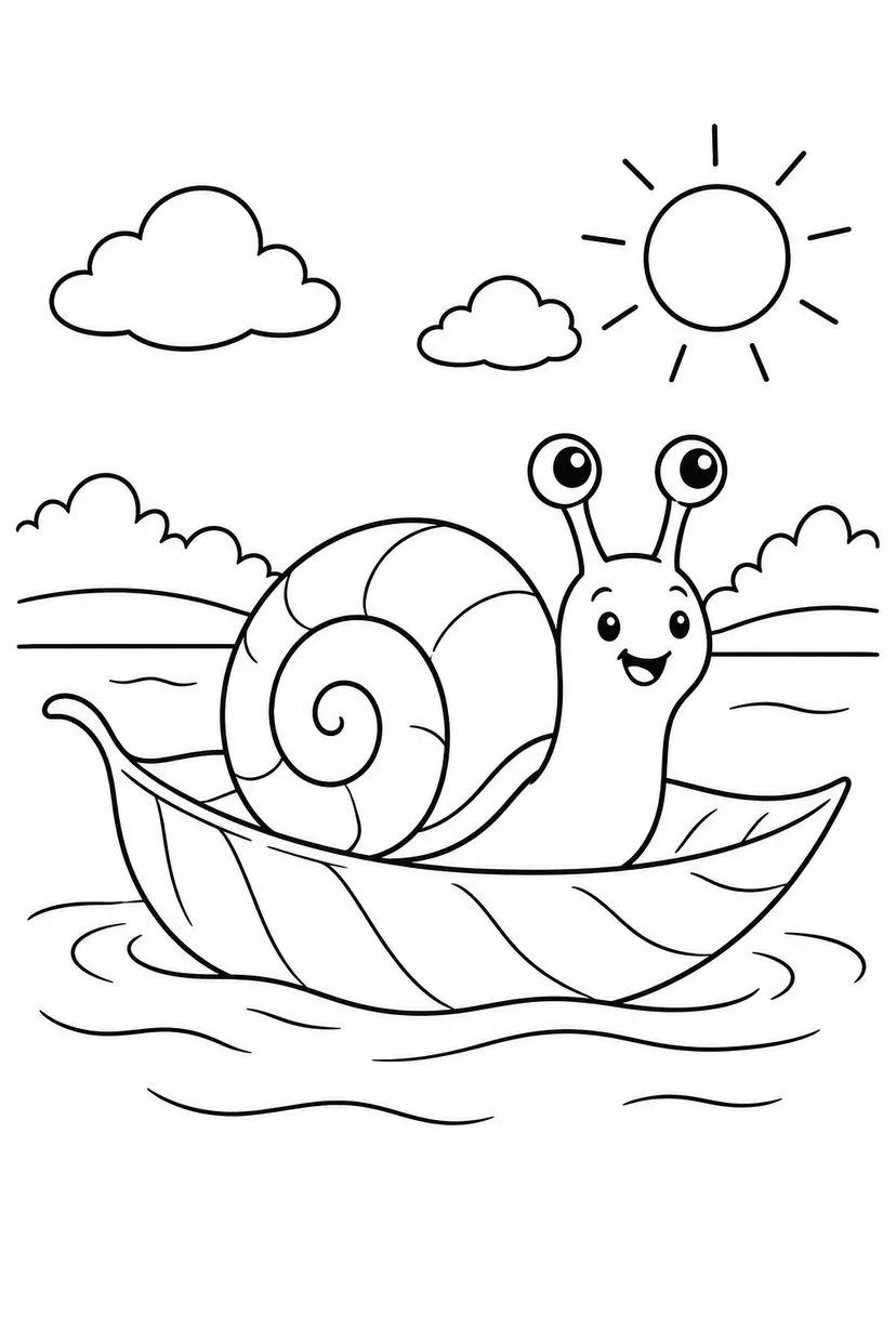 カタツムリと葉っぱの舟の塗り絵
