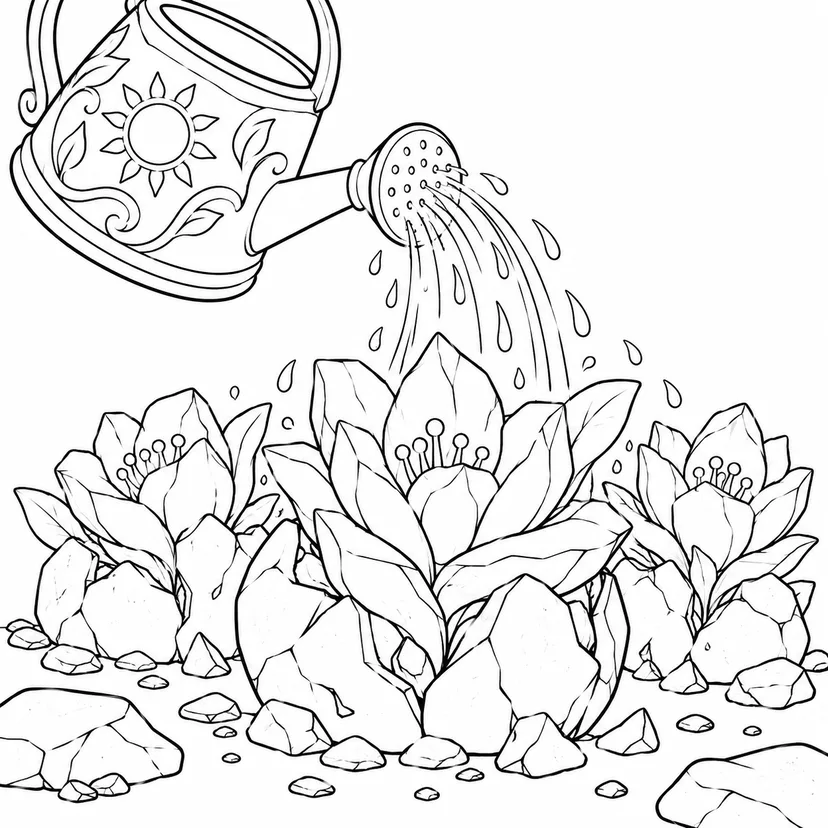 石の花を咲かせるジョウロの塗り絵