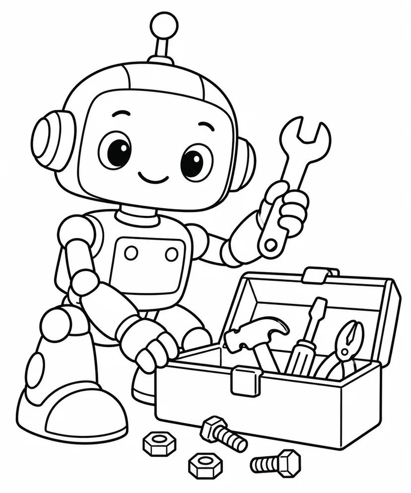 工作ロボットと工具箱の塗り絵