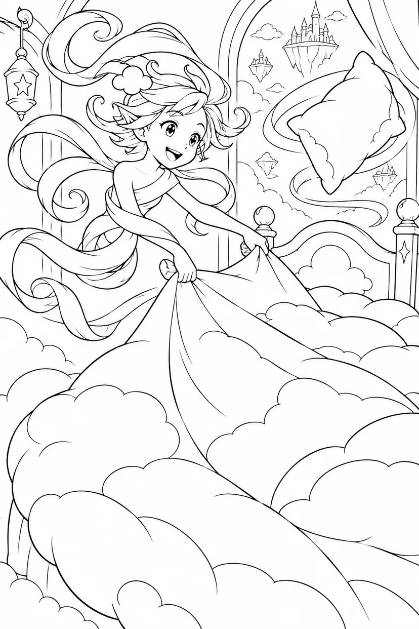 雲のベッドを整える風の精の塗り絵