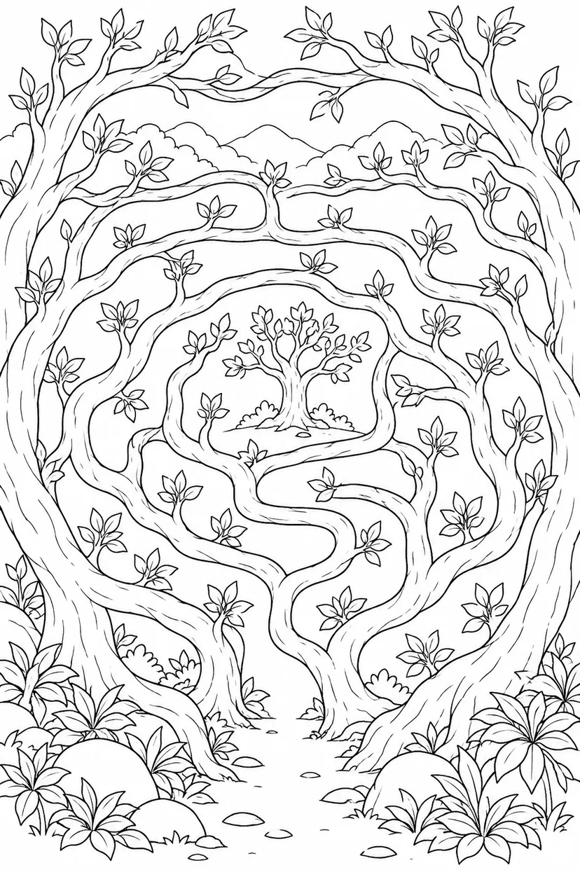 木の枝が織りなす自然の迷路の塗り絵