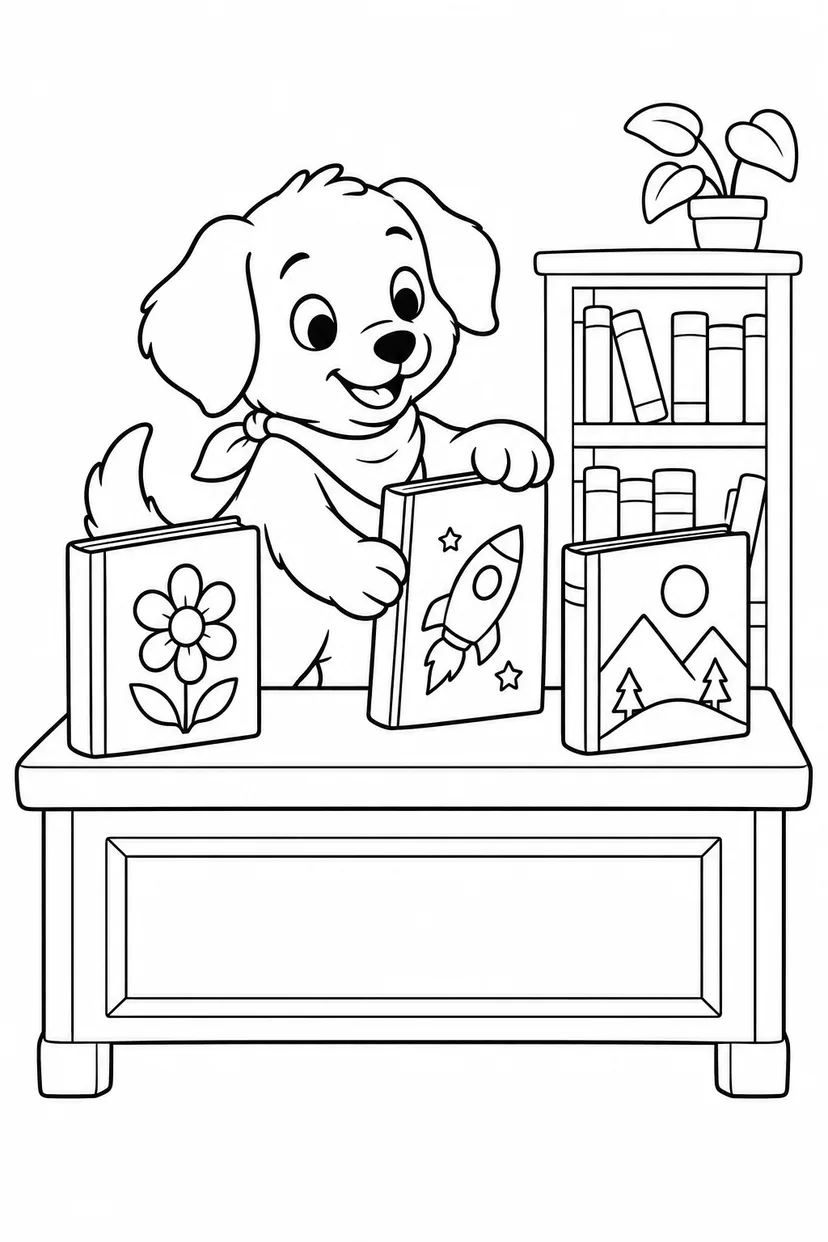 こいぬの本屋さんの開店準備の塗り絵