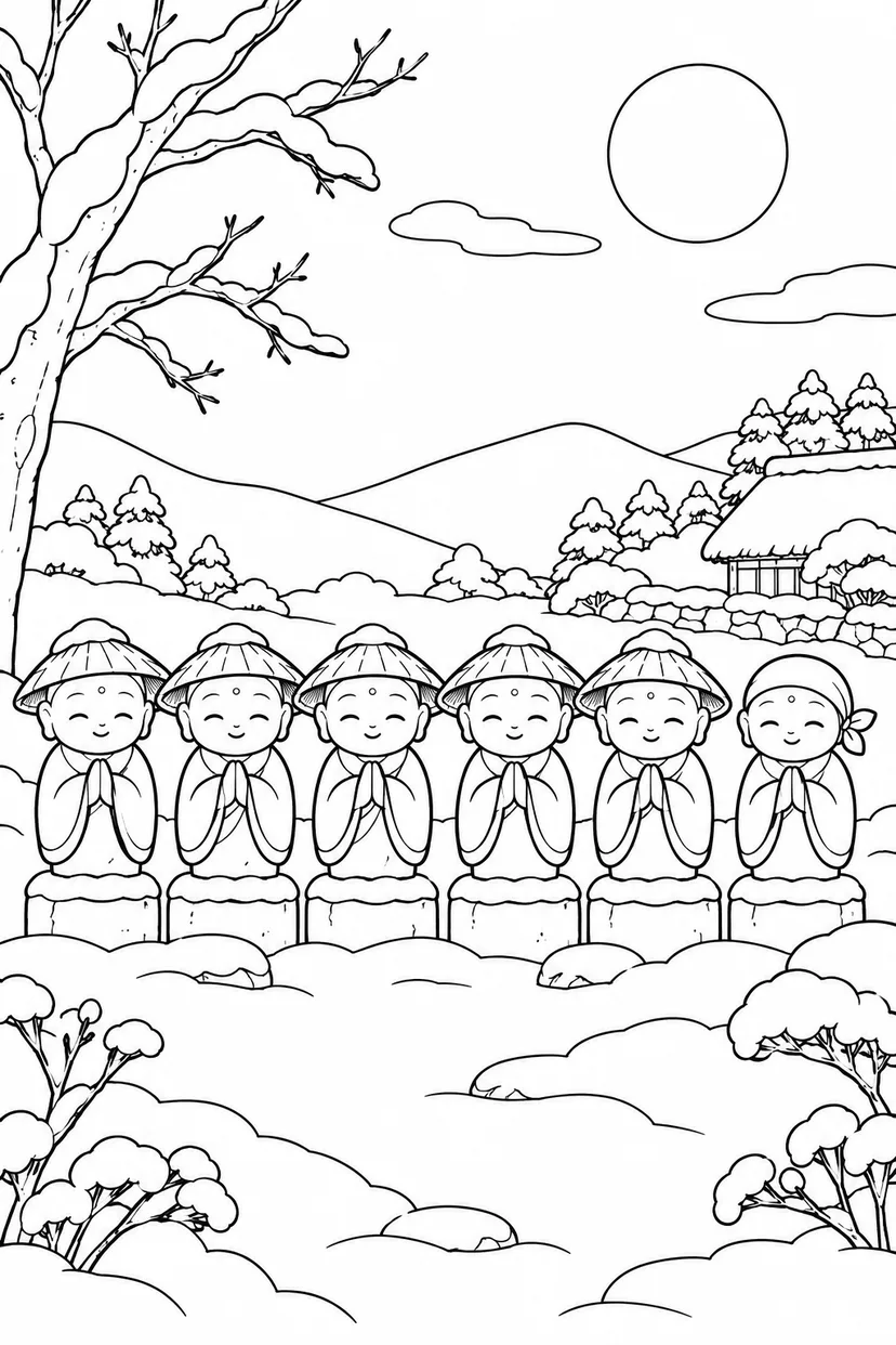 かさじぞう・六地蔵の雪ぼうしの塗り絵