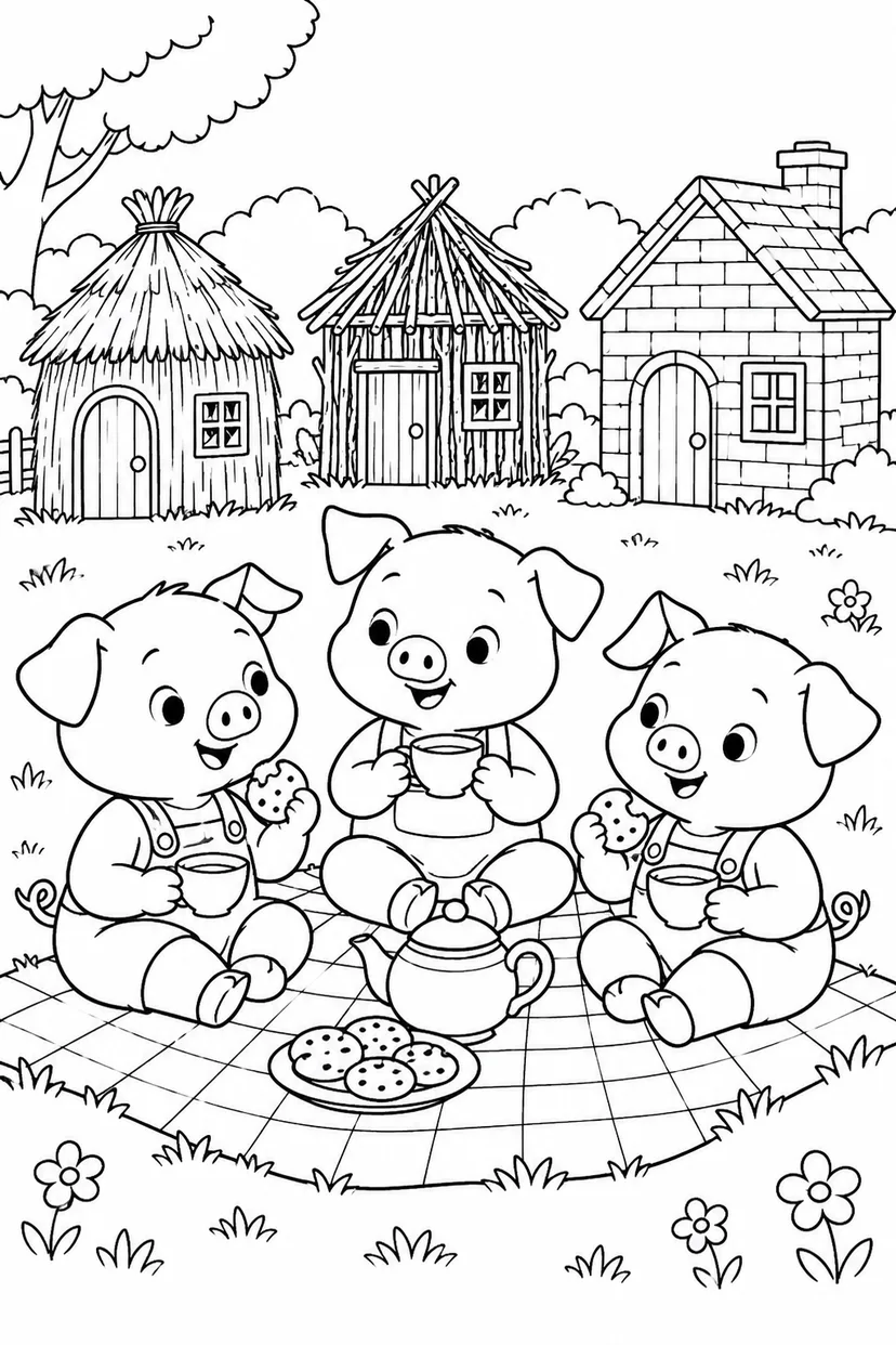 三只小猪：三间小屋旁的茶会涂色页
