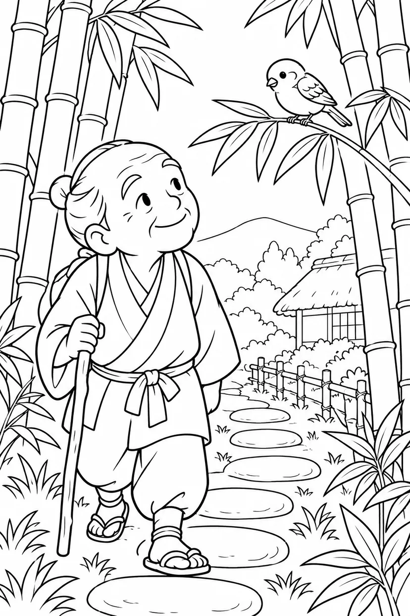 したきりすずめ：竹の小道で友だちさがしの塗り絵