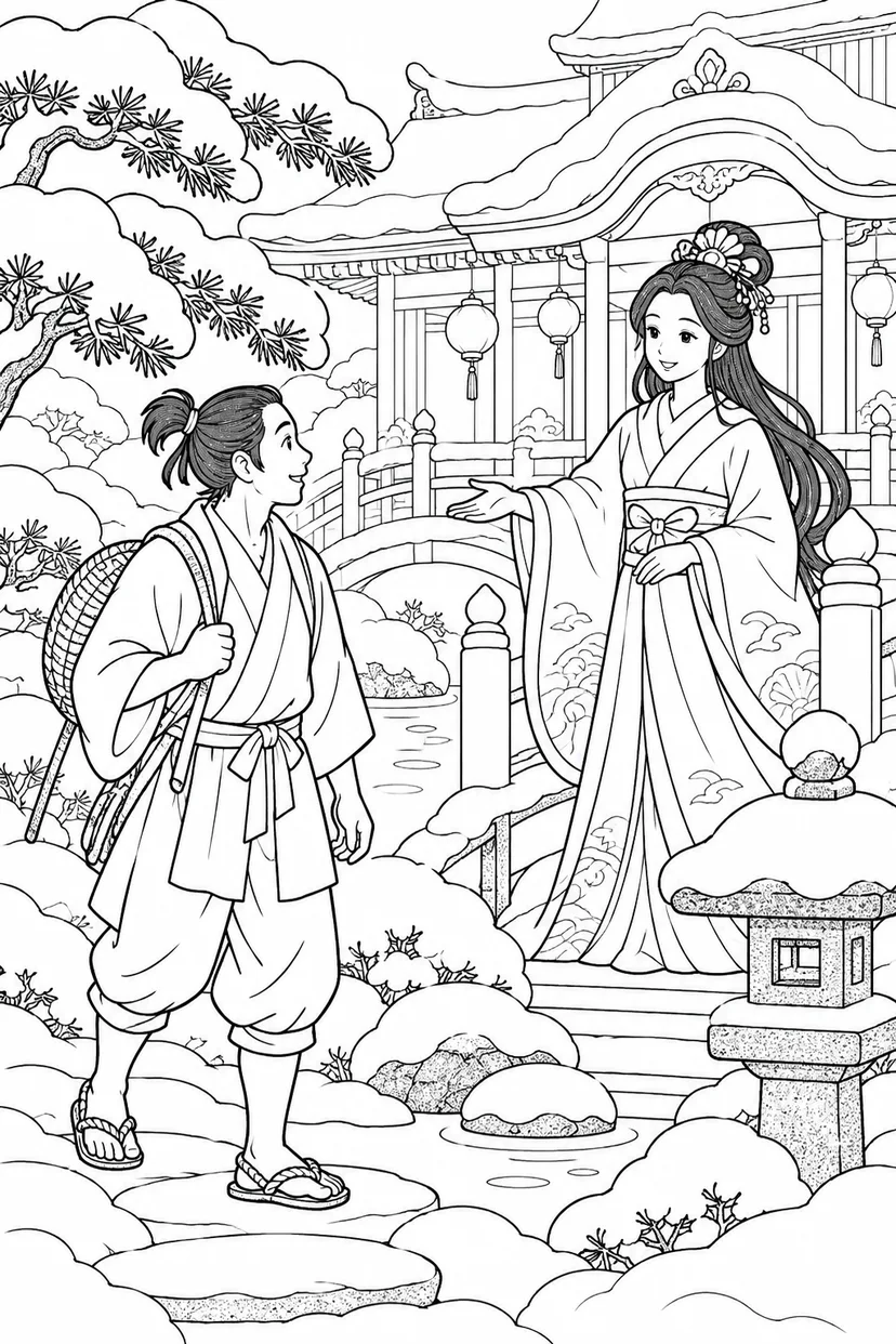 浦島太郎：竜宮城の冬の庭（ほっこり）の塗り絵