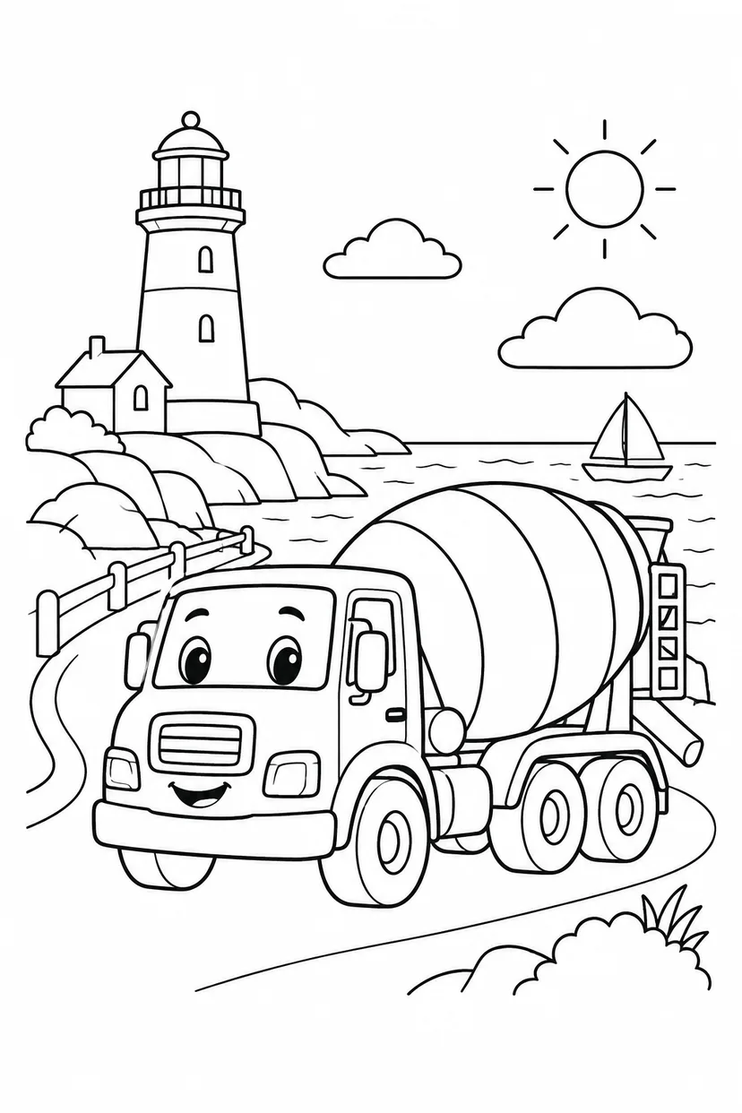 コンクリートミキサー車と海沿いの道の塗り絵