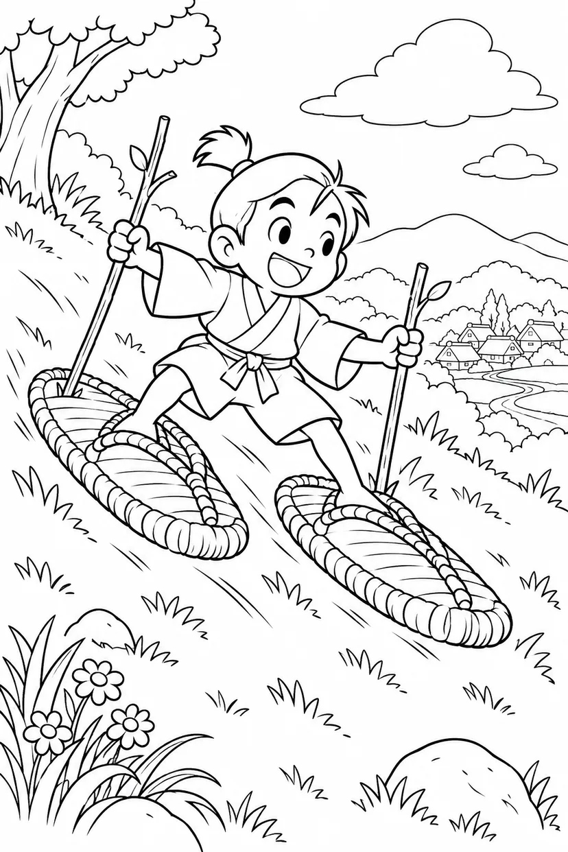 一寸法師・大きなわらじでスキーごっこの塗り絵