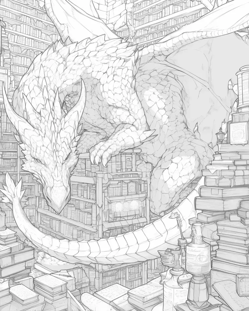 Gambar mewarnai Naga Perpustakaan