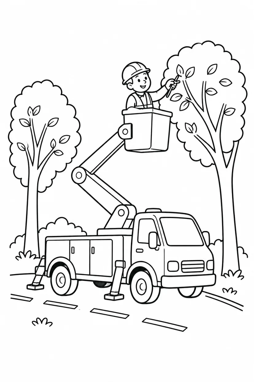 高所作業車と森の道の塗り絵
